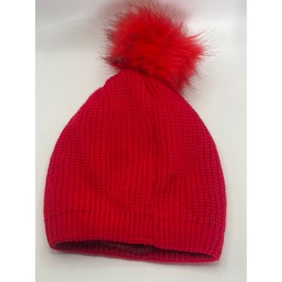 NYC Women's Red Ribbed Rhinestone Embellished Pom-Pom Faux Fur Lined Beanie SZOS - Picture 2 of 8